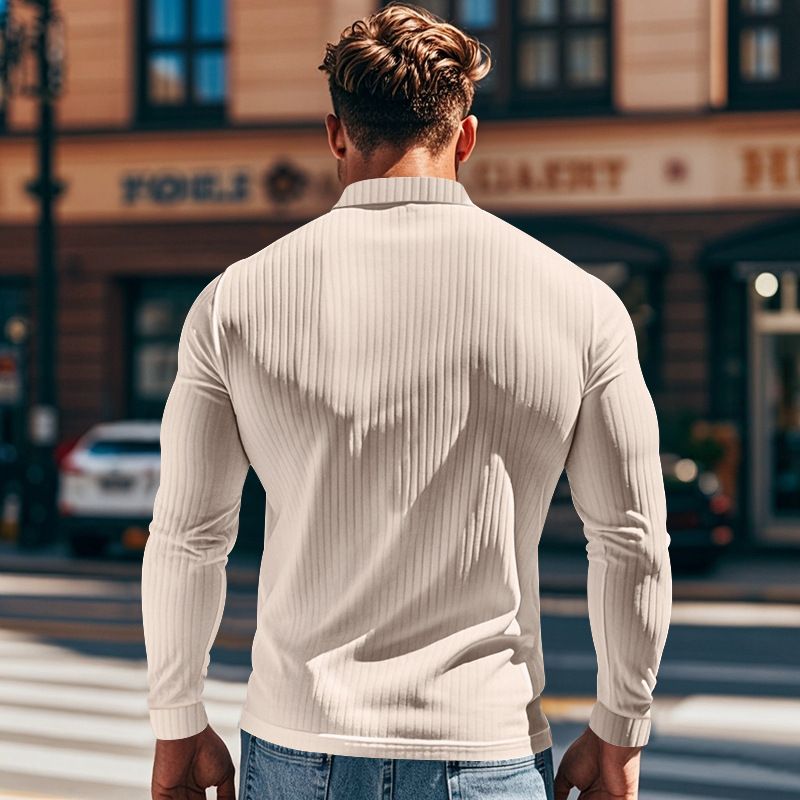 Herren-T-Shirt mit gerippter Struktur, lässiges Revers-Button-Down-Slim-Fit-Langarm-Poloshirt für Männer_voghion.com