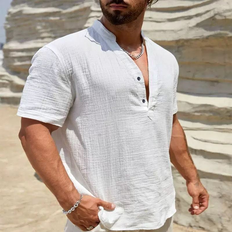 Camicia da uomo a maniche corte con colletto cubano, tinta unita, in cotone e lino a doppio strato_voghion.com