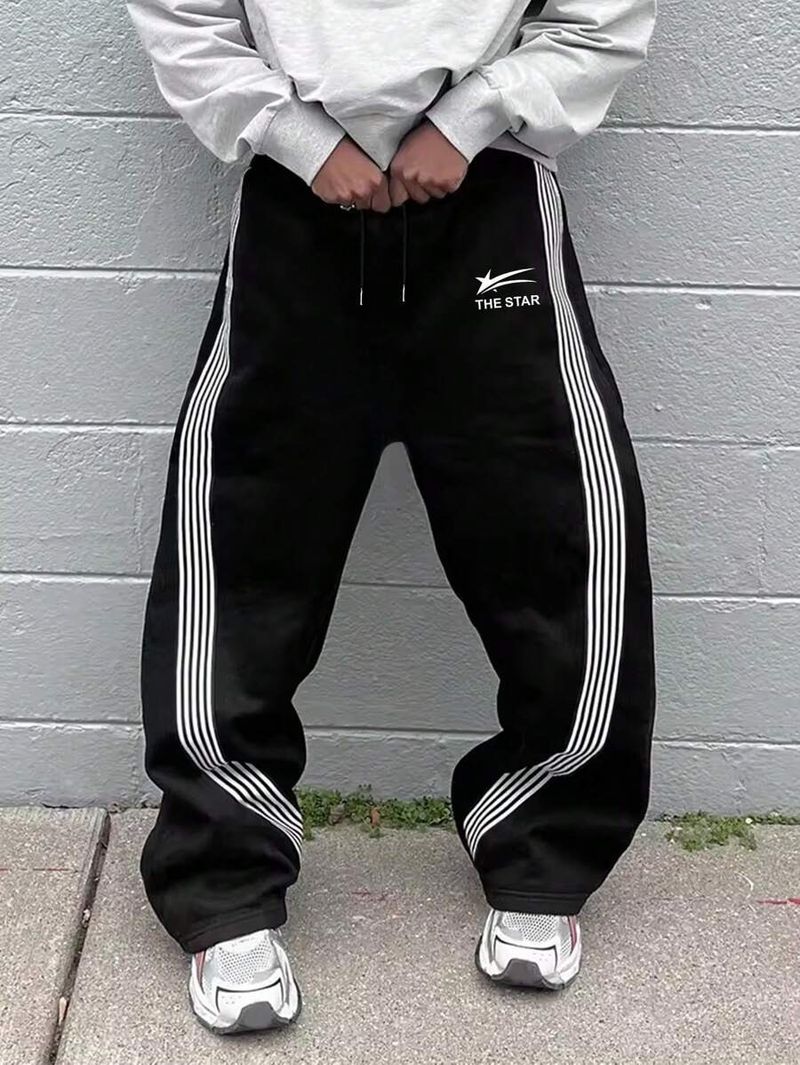 Men's Clothing Logo Print Stripes Loose Straight Sports Casual Trousers Sweatpants Men And Women_voghion.com