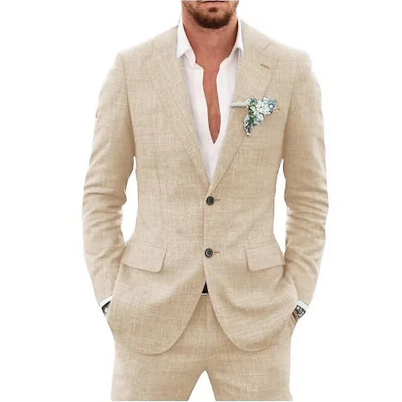 Maßgefertigter Slim Fit Leinenanzug in Beige/Blau für Herren – 2-teiliges Smoking-Set mit Revers für die Hochzeit, Blazer und Hose für den Bräutigam, Abschlussball-Paar_voghion.com