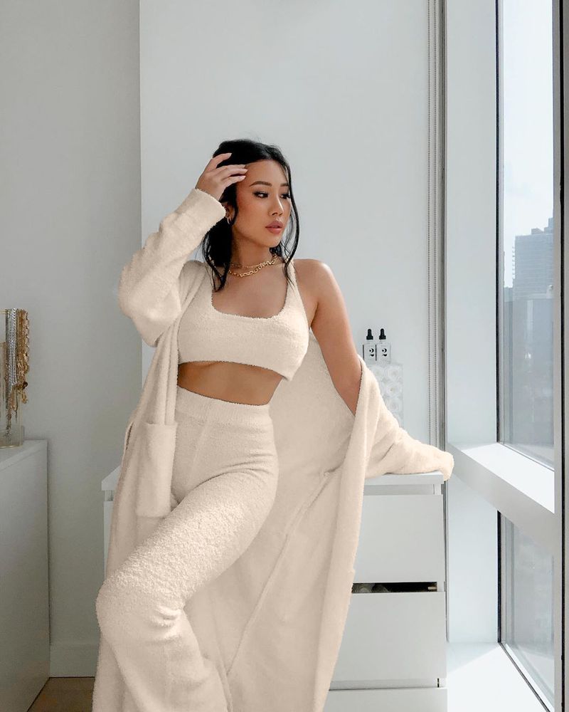 Women's Fleece Belted Robe Coat Two-Piece Set - Long Sleeve Loungewear & Outerwear For Fall/Winter Fashion_voghion.com