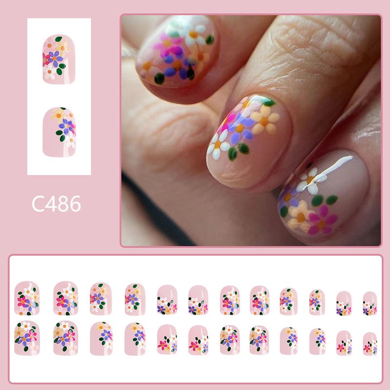 Corto luminoso fresco moda fiori colorati indossare pezzi di unghie europeo e americano commercio estero ins pezzo di unghie rimovibili 24 pezzi_voghion.com