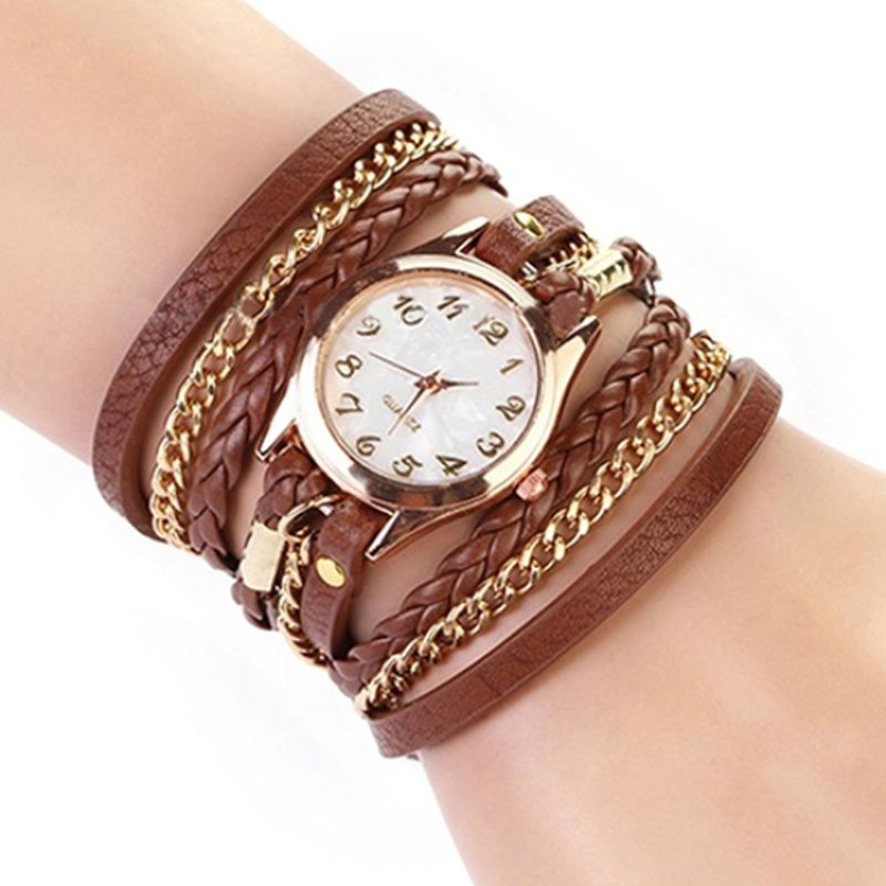 Yamaler Damen-Armbanduhr, lässig, Vintage-Stil, geflochten, mehrschichtig, Kunstlederarmband_voghion.com