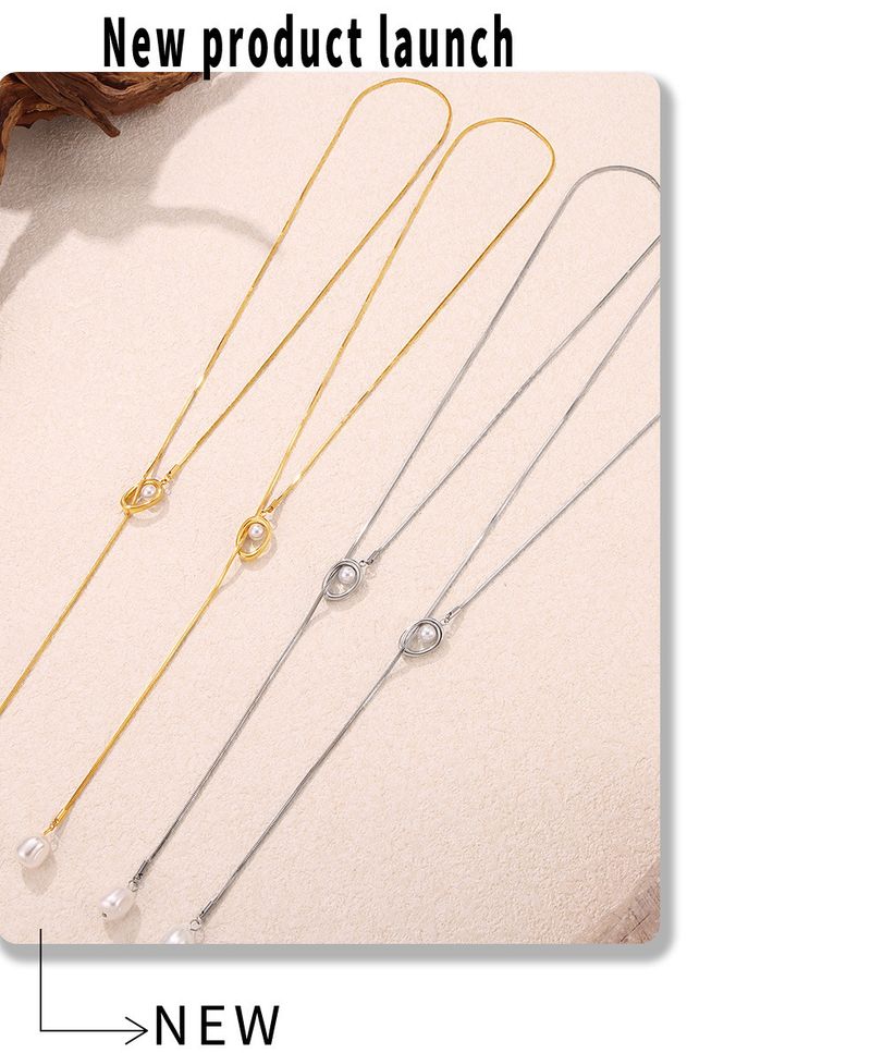 Damenschmuck Französische Fransen-Imitationsperlenkette, lang, verstellbar, mehrlagige Kette, Edelstahl, elegantes, minimalistisches Statement-Stück_voghion.com