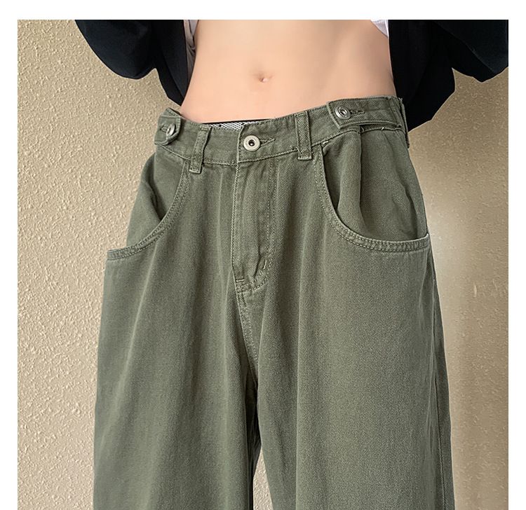 Hosen-Look Schlanke, übergroße Jeans in Militärgrün, gerade, lockere Hose mit weitem Bein für Herren im American High Street-Stil_voghion.com