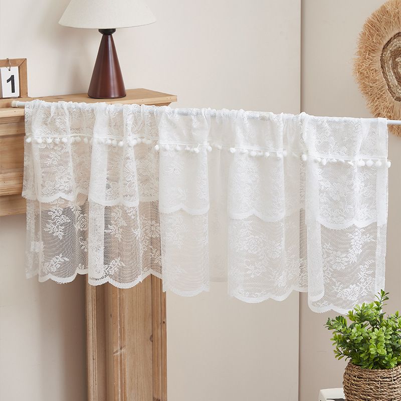 Amerikanischer nordischer weißer Spitzen-Küchentrennvorhang mit Haarballen, Kaffeevorhang, Türvorhang, Erkerfenster, kurzer Vorhang, Schrank, dekorativer Vorhang_voghion.com