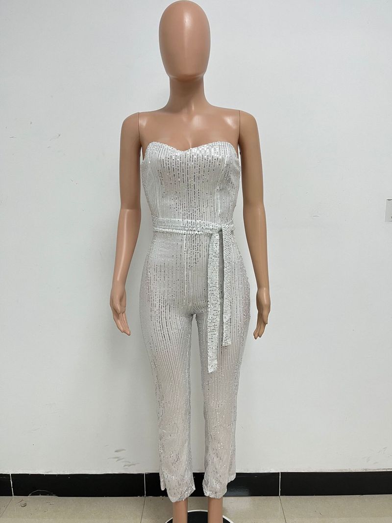 Dametøj Ærmeløs pailletterbæltejumpsuit ensfarvet tubetop rygløs jumpsuit_voghion.com