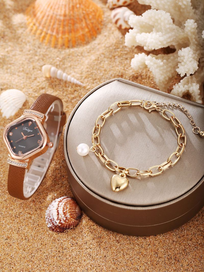 Damenuhr und Schmuckset, zartes süßes quadratisches Zifferblatt, Gürteluhr, Perlenarmband, Legierung, Schmetterlingsschmuckset_voghion.com