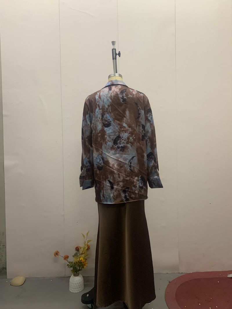 Women's Fashion New Elegant Turn-Down Collar Printed Shirt A-Line Long Skirt Two-Piece Set_voghion.com