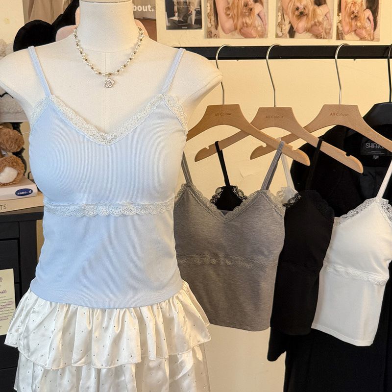 Pure Desire Lace Trim Camisole For Wome, Frech Style With Chest Pads, Fixed Cup, Sweet Ier Wear, Slimmig Top,_voghion.com