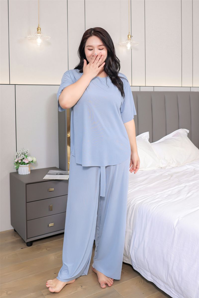 Ensemble d'été grande taille à manches courtes et pantalon long pour femme pesant 90 kg, vêtements amples pour la maison avec poids supplémentaire_voghion.com