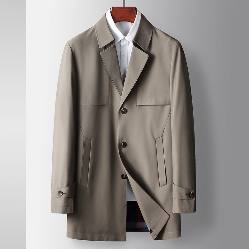 Trench monopetto casual da uomo, modello business di lusso, modello primavera-autunno 2025, tinta unita, con colletto rovesciato_voghion.com