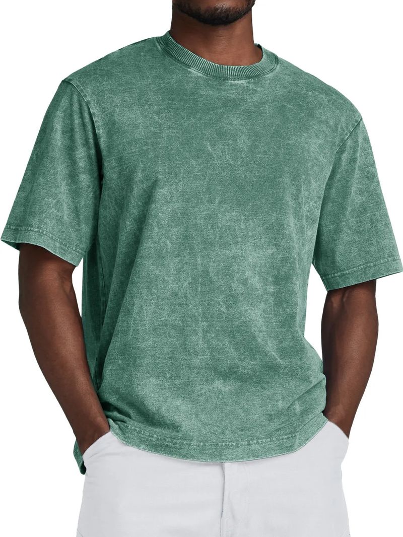 Camiseta vintage de algodão lavado para homens - ajuste macio e relaxado, respirável e confortável, gola redonda clássica, uso casual diário_voghion.com