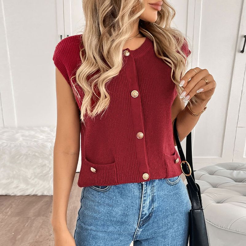 2025 New Elegant Little Style Knitted Cardigan Sleeveless Metal Button Solid Color Sweater Vest_voghion.com