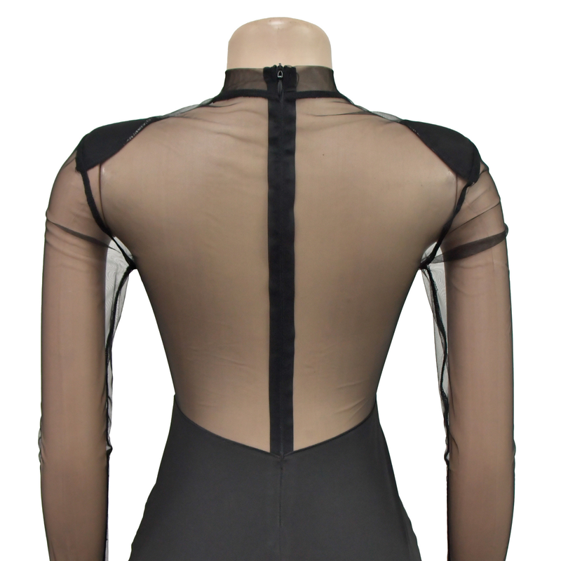 Women's solid color mesh rhinestone long-sleeved long skirt dress_voghion.com