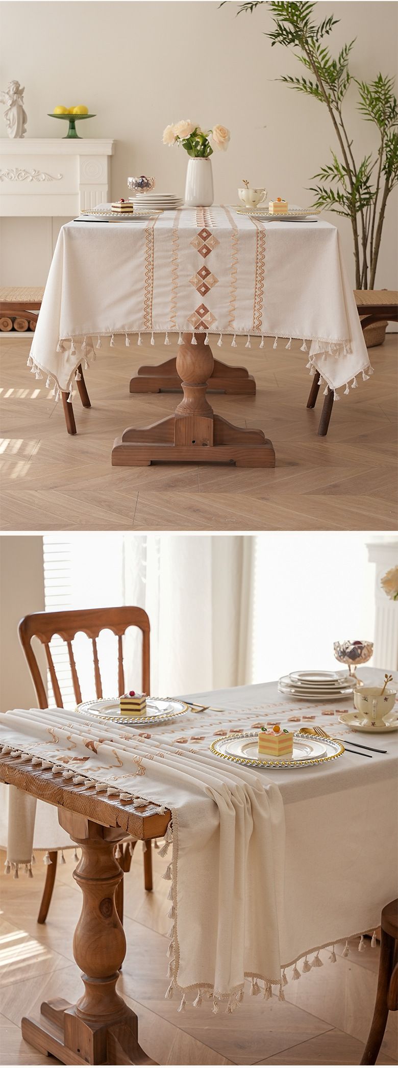 Luxury Waterproof Tablecloth - Pink Floral Embroidery On Linen, Stain & Dust Resistant For Dining Table (150x220cm, Machine Washable)_voghion.com
