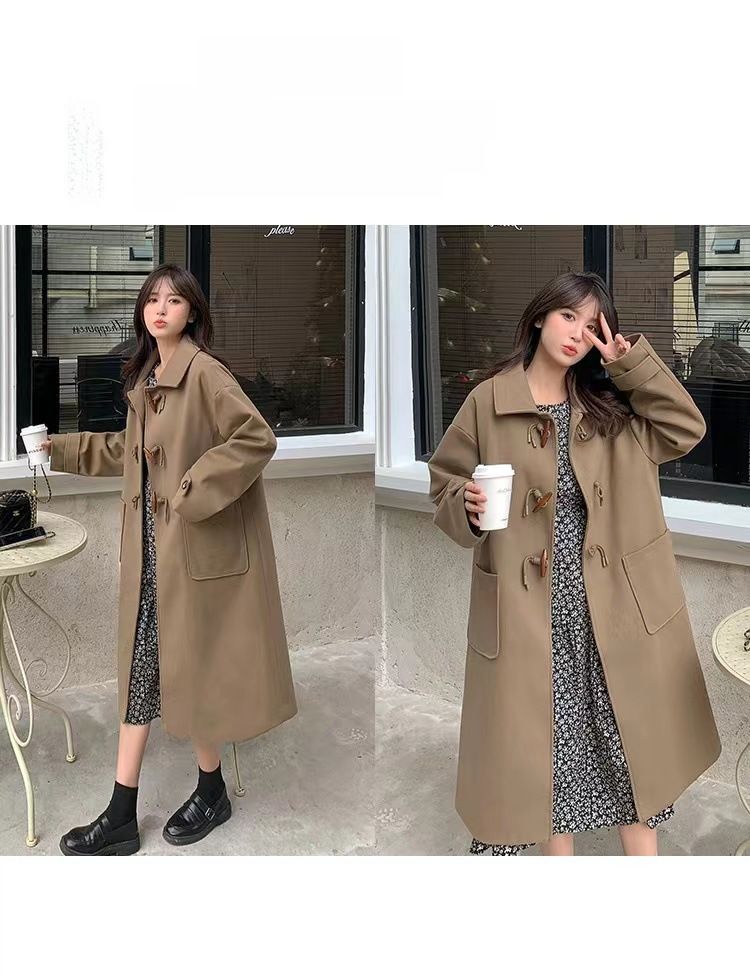 Women's woolen coat with horn buckle, autumn and winter 2023 New woolen coat, small mid-length Hepburn trendy_voghion.com