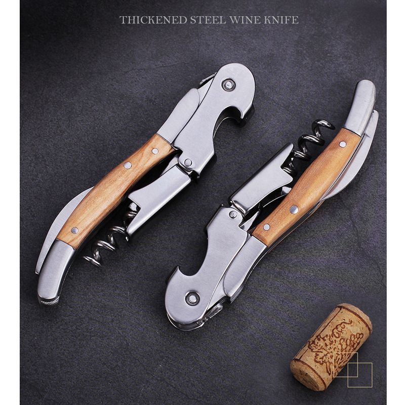 Coltello multifunzionale in legno d'ulivo con cavalluccio marino, apribottiglie per vino rosso, set in pelle_voghion.com