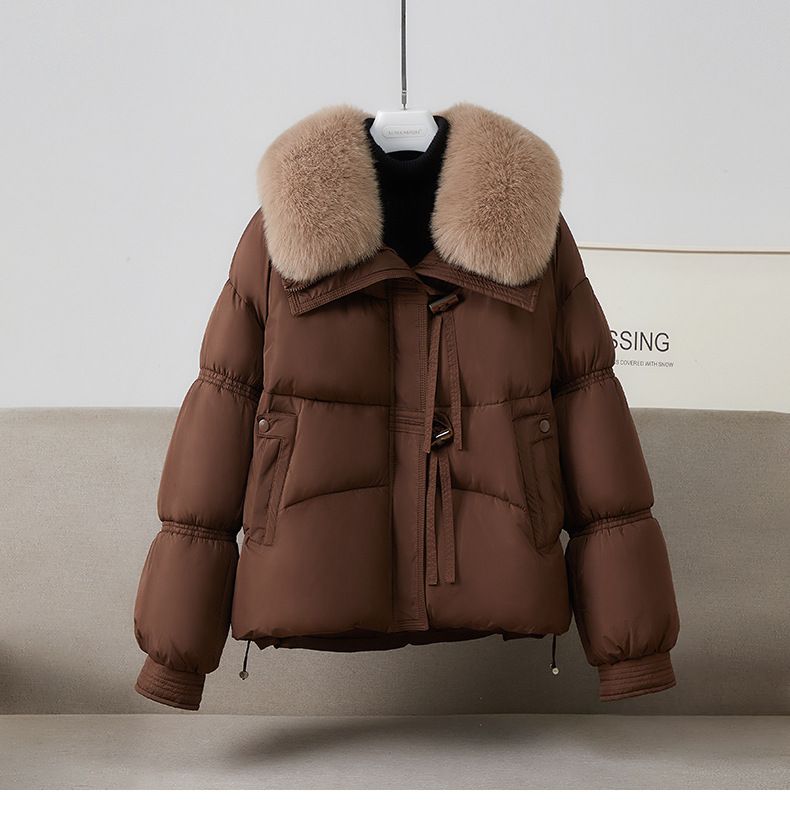 Women's Clothing Women's Faux Fur Trim Hooded Puffer Jacket Winter Coat Warm Outerwear With Detachable Rabbit Fur Collar_voghion.com