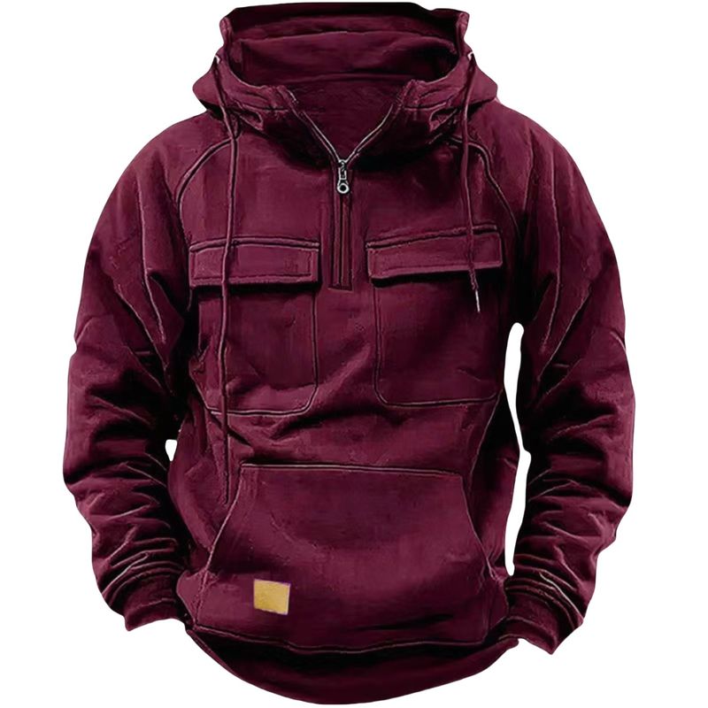 Taktisches Kapuzen-Sweatshirt mit halbem Reißverschluss für Herren, einfarbiges, warmes Fleece-Sweatshirt im Workwear-Stil, Kapuzenjacke mit mehreren Taschen für Herren_voghion.com