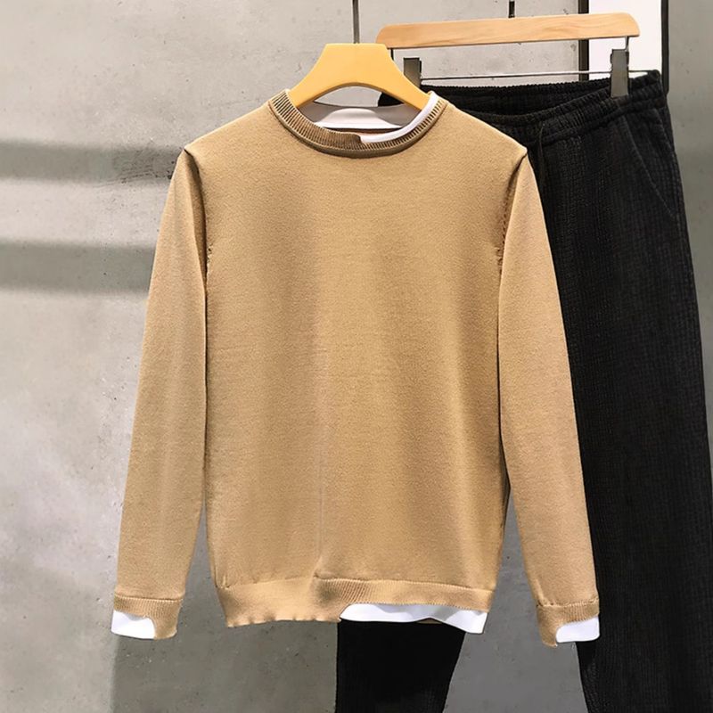 Maglione lavorato a maglia a contrasto con colori patchwork autunnali e invernali per uomo, maglione casual retrò alla moda con scollo rotondo slim fit per uomo_voghion.com