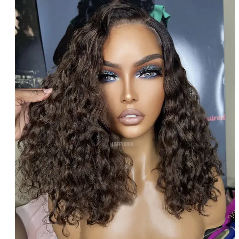 Korte lijmloze watergolf bob pruik Perruque Cheveux Human Bob pruiken voor vrouwen Bruine kleur_voghion.com