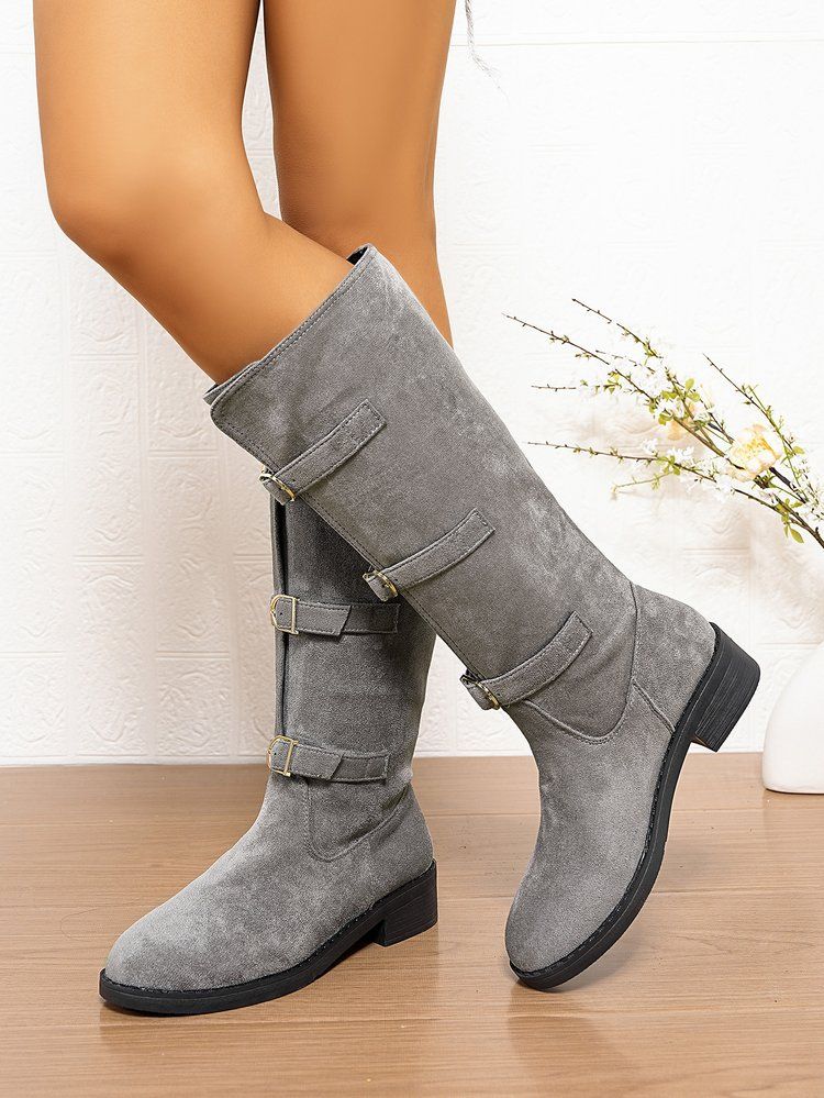 Bottes hautes à talon épais pour femme, mollet large, avec boucle et effet froissé - Daim souple et cuir véritable - Bottes à bout rond et talon mi-haut_voghion.com