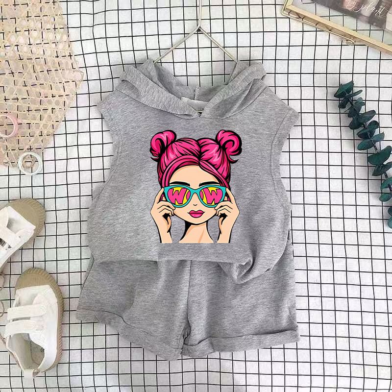 Children's Clothing 2025 New Girls Shorts Suit Hooded Two Piece Korean Style Fashion Cartoon Vest Trend_voghion.com