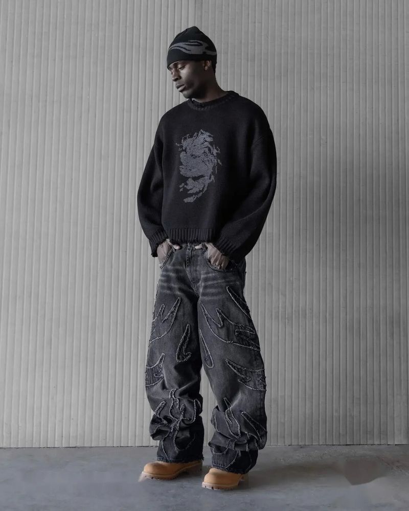 Y2K Retro Denim Jeans – Baggy Hip-Hop-Hose mit Stickerei & Patchwork für Streetwear-Ästhetik_voghion.com