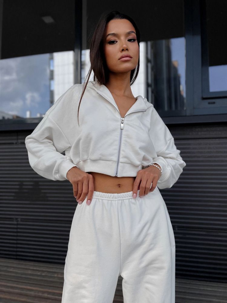 Women's Hooded Zip-Up Sweatshirt & Jogger Set (Breathable Poly-Cotton, Pink/Stone Grey/White, S/M/L/XL, Streetwear Essentials)_voghion.com