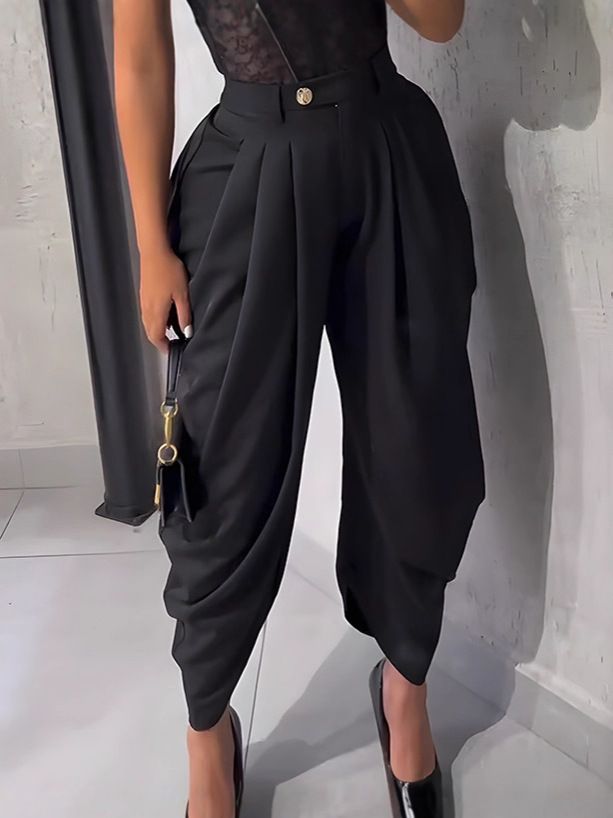 Pantalon palazzo taille haute élégant pour femme - Mélange de polyester extensible doux, ourlet asymétrique, confortable pour le bureau et les loisirs (noir/beige/crème)_voghion.com