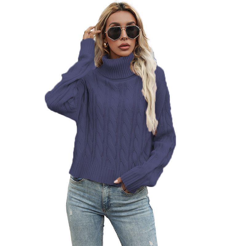 Pull ample décontracté à manches longues et col roulé pour femme_voghion.com