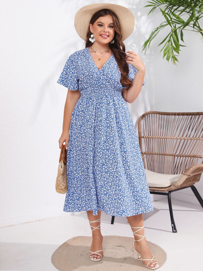 Vestido de verano nuevo de manga corta con escote en V y corte ajustado elegante para mujer_voghion.com