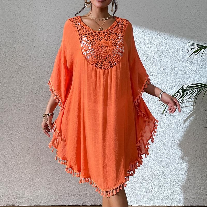 Crochet-Trimmed Polyester Beach Cover-Up – Flowy & Sexy Bikini Wrap For Vacation & Swim (One Size) – Lightweight & Stylish_voghion.com