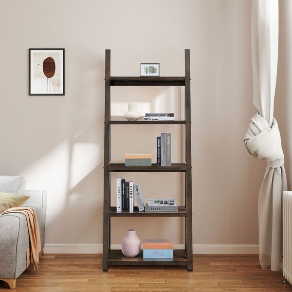 5-Tier Shelves,Bookshelf, Storage Rack, Bookcase With Rubber Wood Frame, Ladder Shelf For Living Room, Home Office, Kitchen, Bedroom, Apartment ,Rus_voghion.com