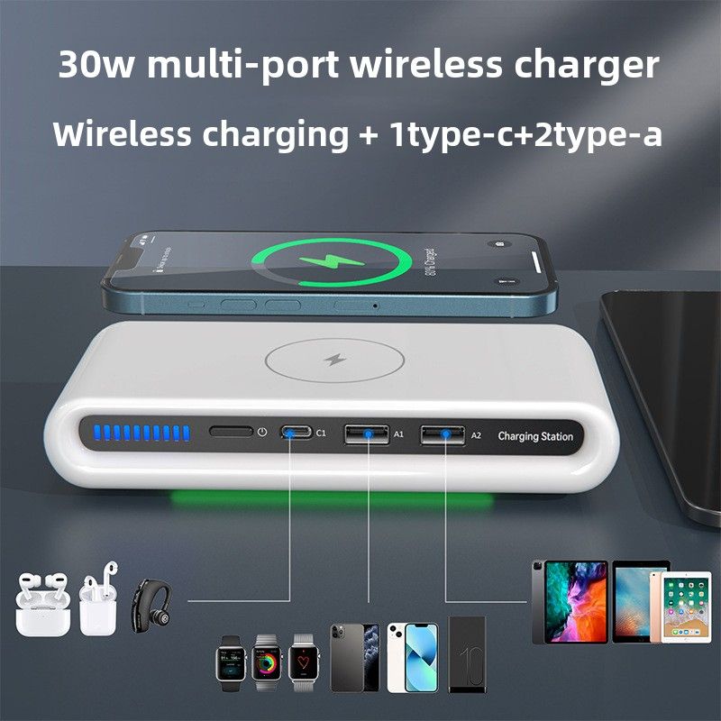 Chargeur sans fil multiport, veilleuse à charge rapide 2 Typec + 1 USB, adapté pour iPhone, téléphone portable, écouteurs, montre._voghion.com