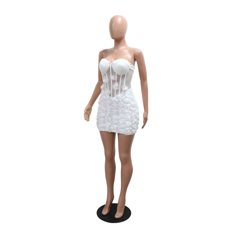 Abito aderente senza spalline da donna, sexy, in rete trasparente con applicazioni floreali 3D_voghion.com