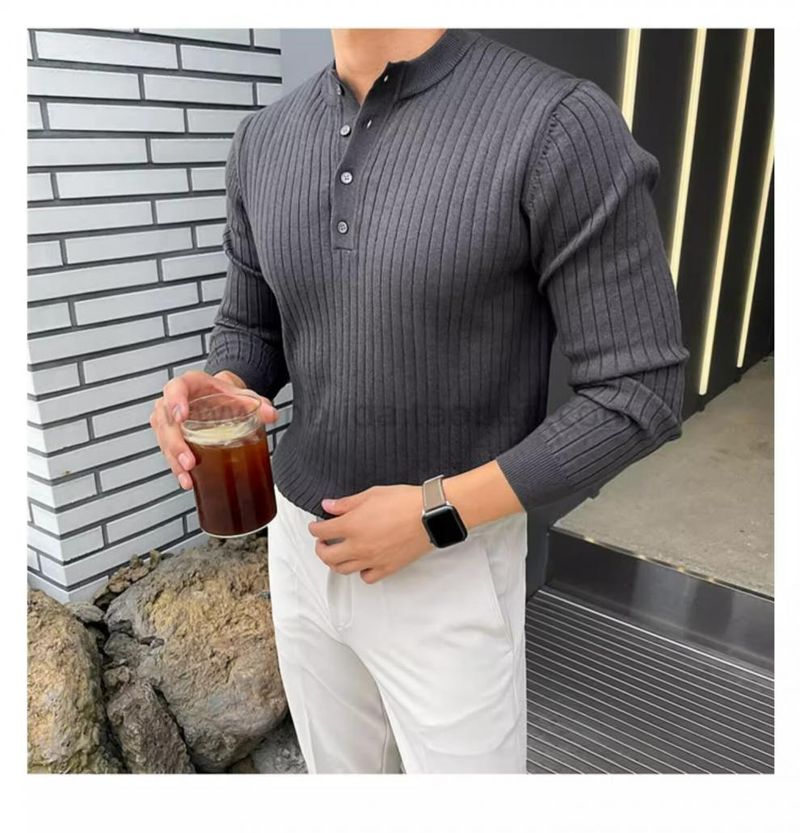 Maglione lavorato a maglia a maniche lunghe con colletto alla coreana in stile primaverile e autunnale, t-shirt slim fit versatile e alla moda, molto venduta per uomo_voghion.com