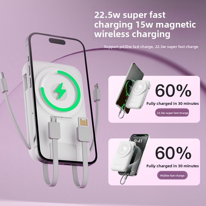 Nouvelle batterie externe magnétique sans fil 3-en-1 de 10 000 mAh avec charge rapide 22,5 W et support portable à quatre fils intégré._voghion.com