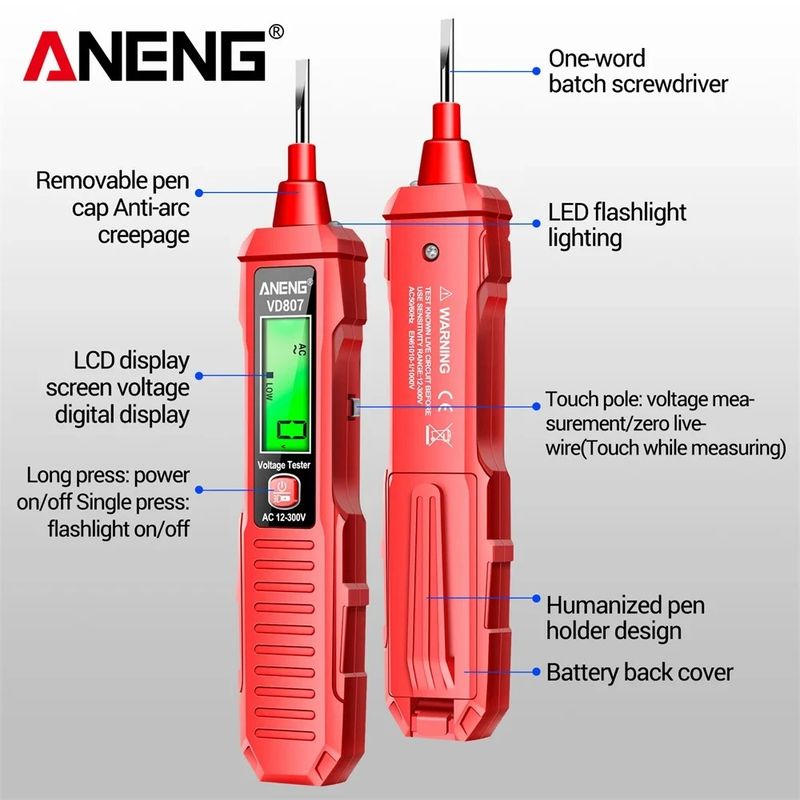 VD807 One-word Induction Portable 50/60Hz Smart Electric Pen Tester NCV Sensor AC 12-300V Non-contact Wire Detector Tools_voghion.com