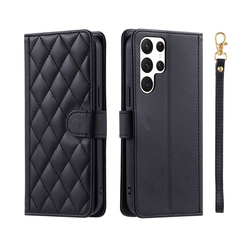 Étui portefeuille en cuir à carreaux pour Samsung Galaxy S24 S23 S22 S21 S20 FE S10 Note 20 Ultra 10 Plus 9 8 Housse de téléphone à rabat avec lanière_voghion.com