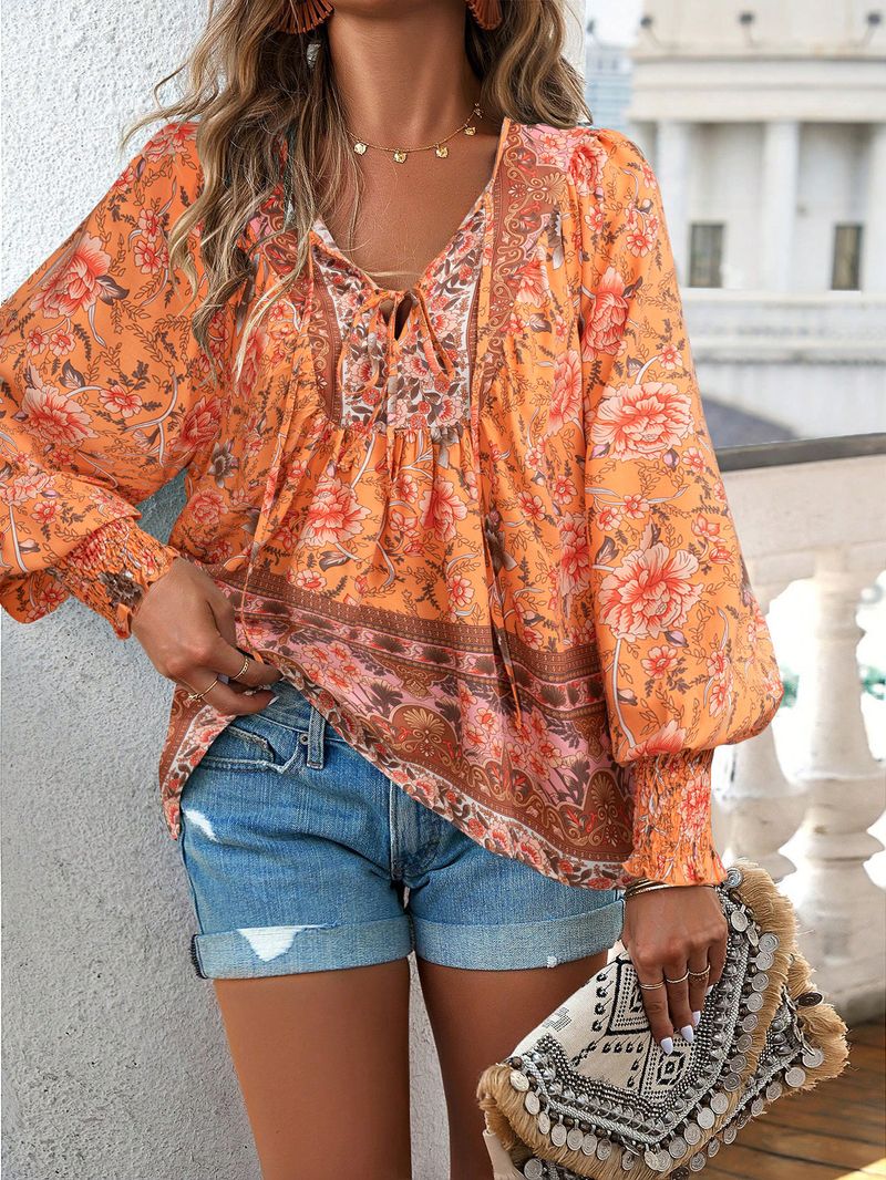 Maglietta stampata da donna, top a maniche lunghe con scollo a V e temperamento_voghion.com