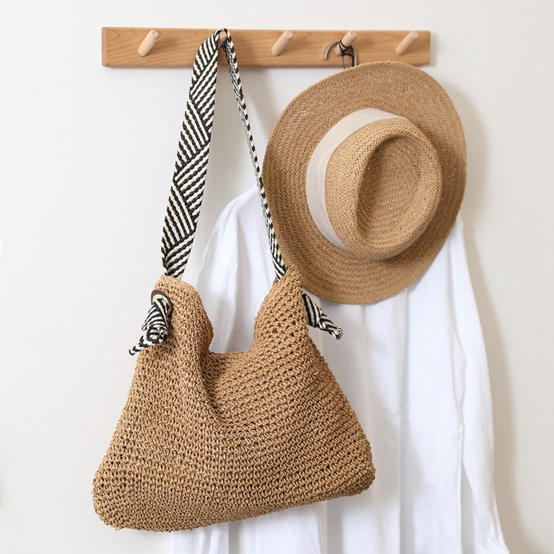Borsa da spiaggia versatile per le vacanze da donna, realizzata a mano in stile navy coreano INS, 2024, in paglia, con una sola spalla, intrecciata_voghion.com