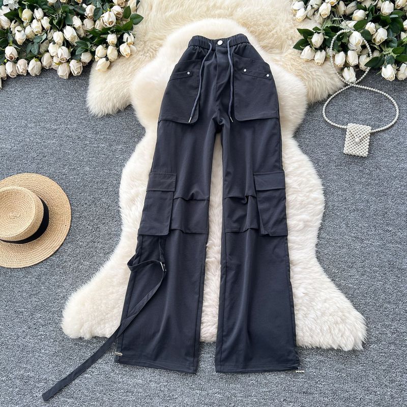Women's Cargo Jogger Pants High Waist Drawstring Wide Leg Casual Trousers With Pockets Summer Loose Fit Workwear Style Polyester"_voghion.com