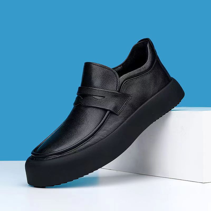 Euro Step Outono Versátil Moderno Slip-On Casual Sapatos de Couro Masculinos Mocassins Preguiçosos de Uma Peça_voghion.com