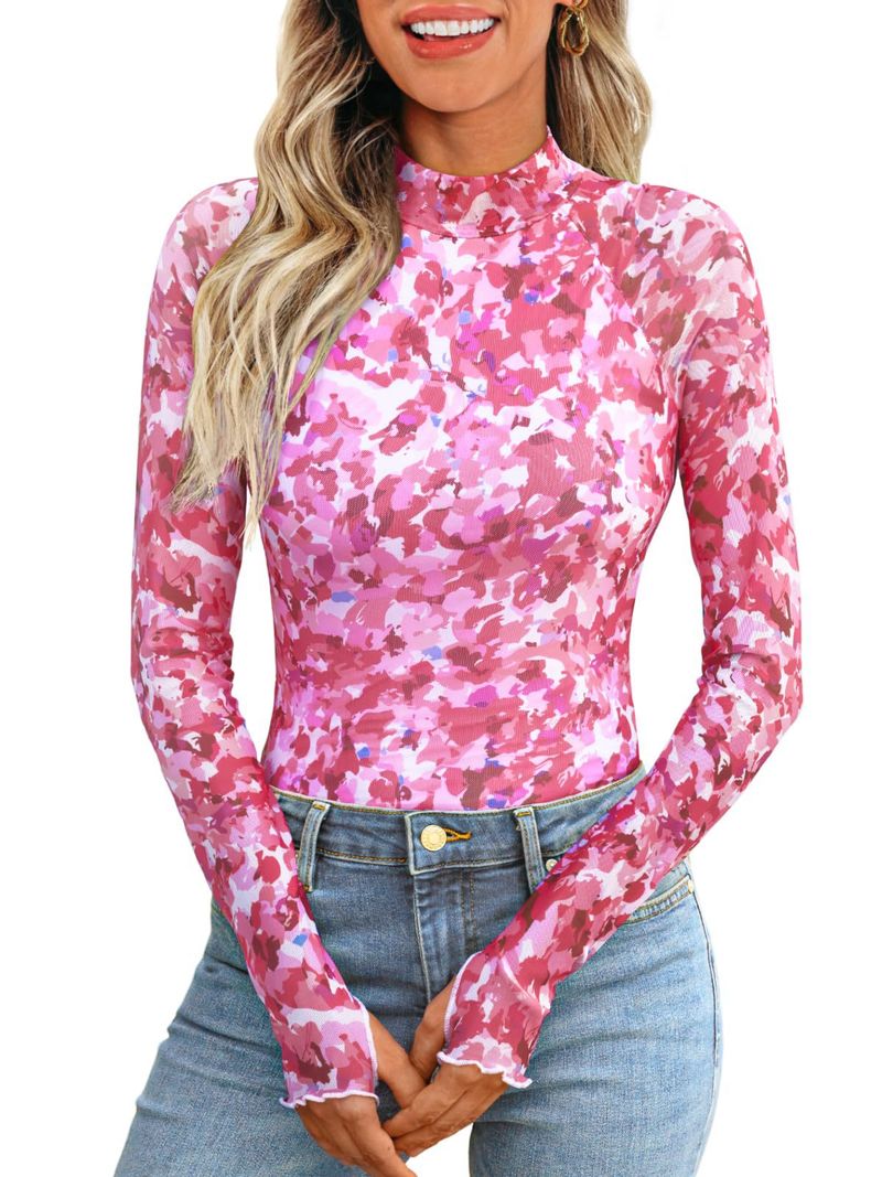 2025 New Women's Semi High Neck Long Sleeved T-shirt Sexy Y2K Mesh Printed Top_voghion.com