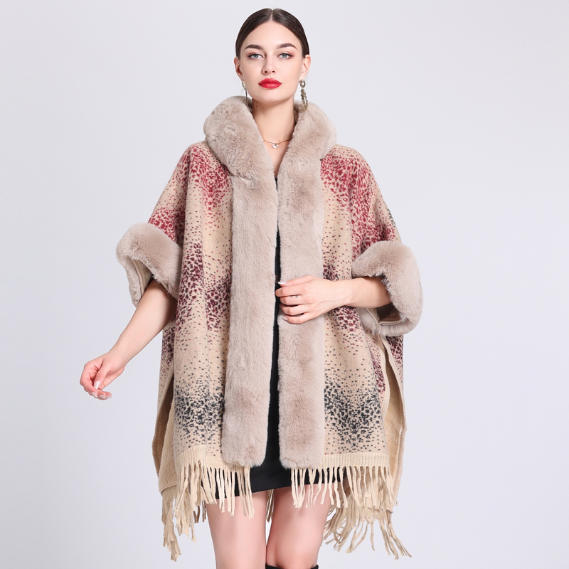 Dameskleding losse plaid plus fluwelen dikke bontkraag gebreide sjaal cape dameswollen sjaaljas_voghion.com