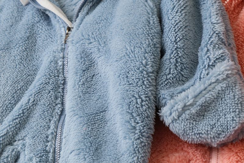 Soft Fleece Hooded Baby Jumpsuit With Mittens - Unisex Cartoon Style Infant Romper For Newborns - Cozy Zipper Closure, Long Sleeve, Neutral Colors_voghion.com