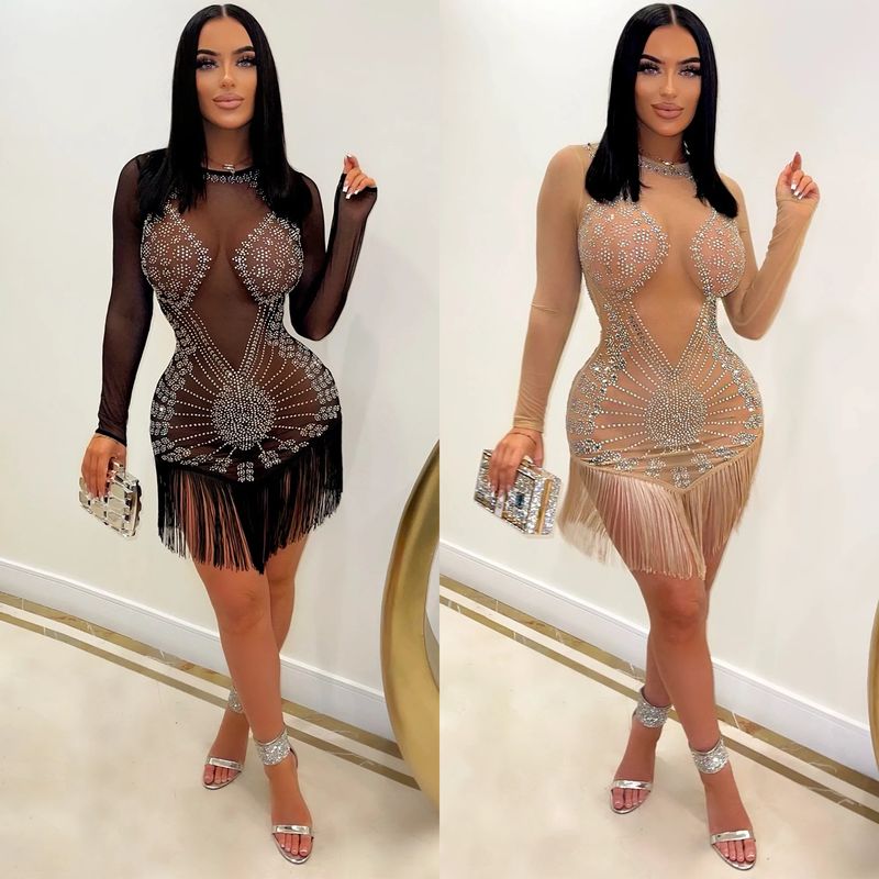 Ženska oblačila, modna in seksi mrežasta obleka z resicami in resicami z dolgimi rokavi_voghion.com