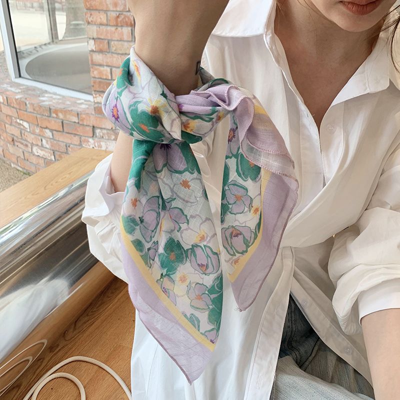 Summer thin cotton linen women's spring and autumn printed small square scarf, beach sun protection shawl decoration,_voghion.com